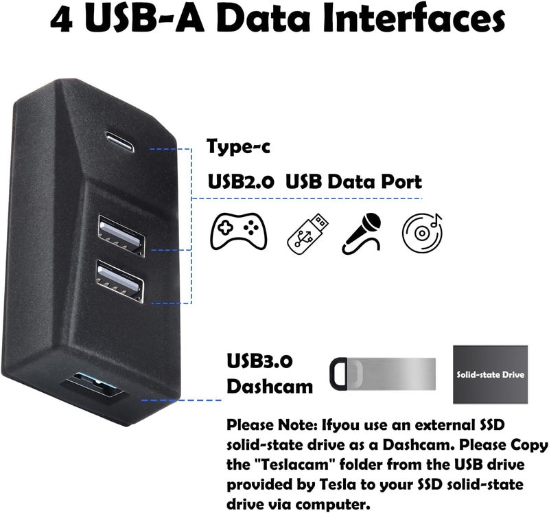 Arcoche USB Hub for Tesla Glove Box – 4-Port Docking Station Model 3 Highland 2024 2025 Cybertruck, Model Y Juniper 2025 2026 Seamlessly Transfer dashcam footage, Flash-Drive Data, Games and Music - Image 3